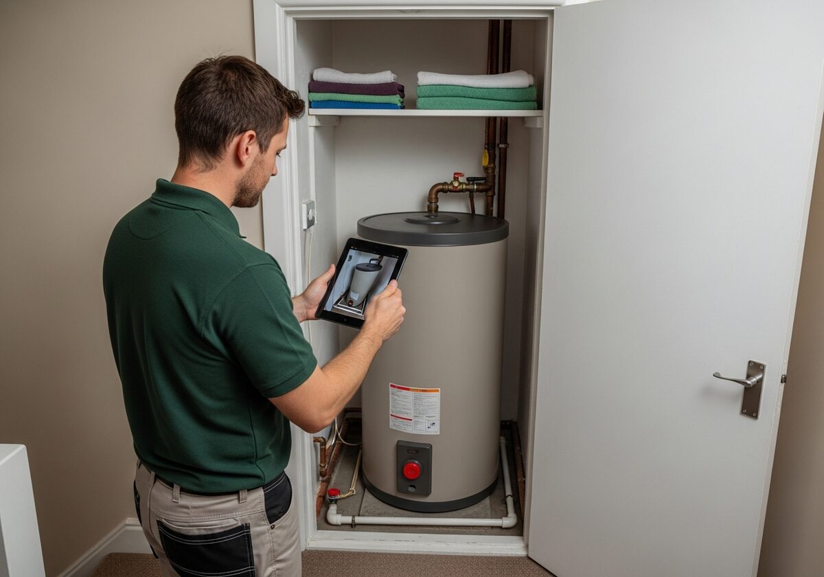 Energy assessor recording details of a hot water cylinder during an EPC visit